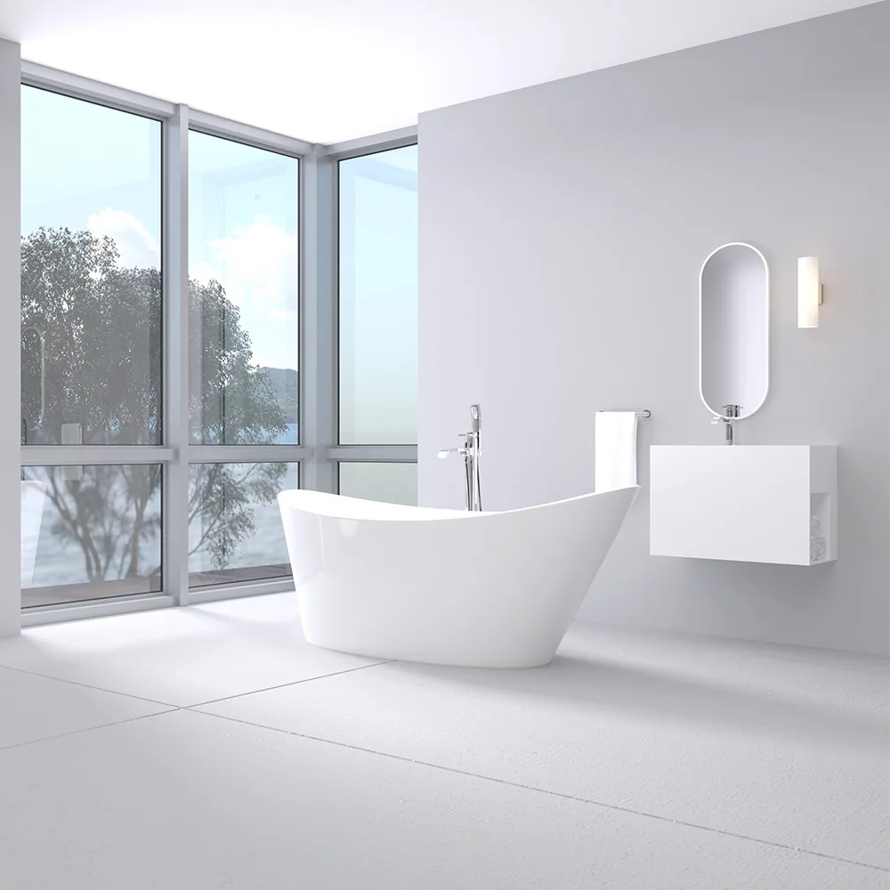Artemis Lina slipper-style freestanding bathtub by a window wall