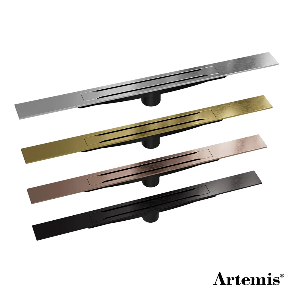Artemis Newline shower channels in steel, gold, copper and black
