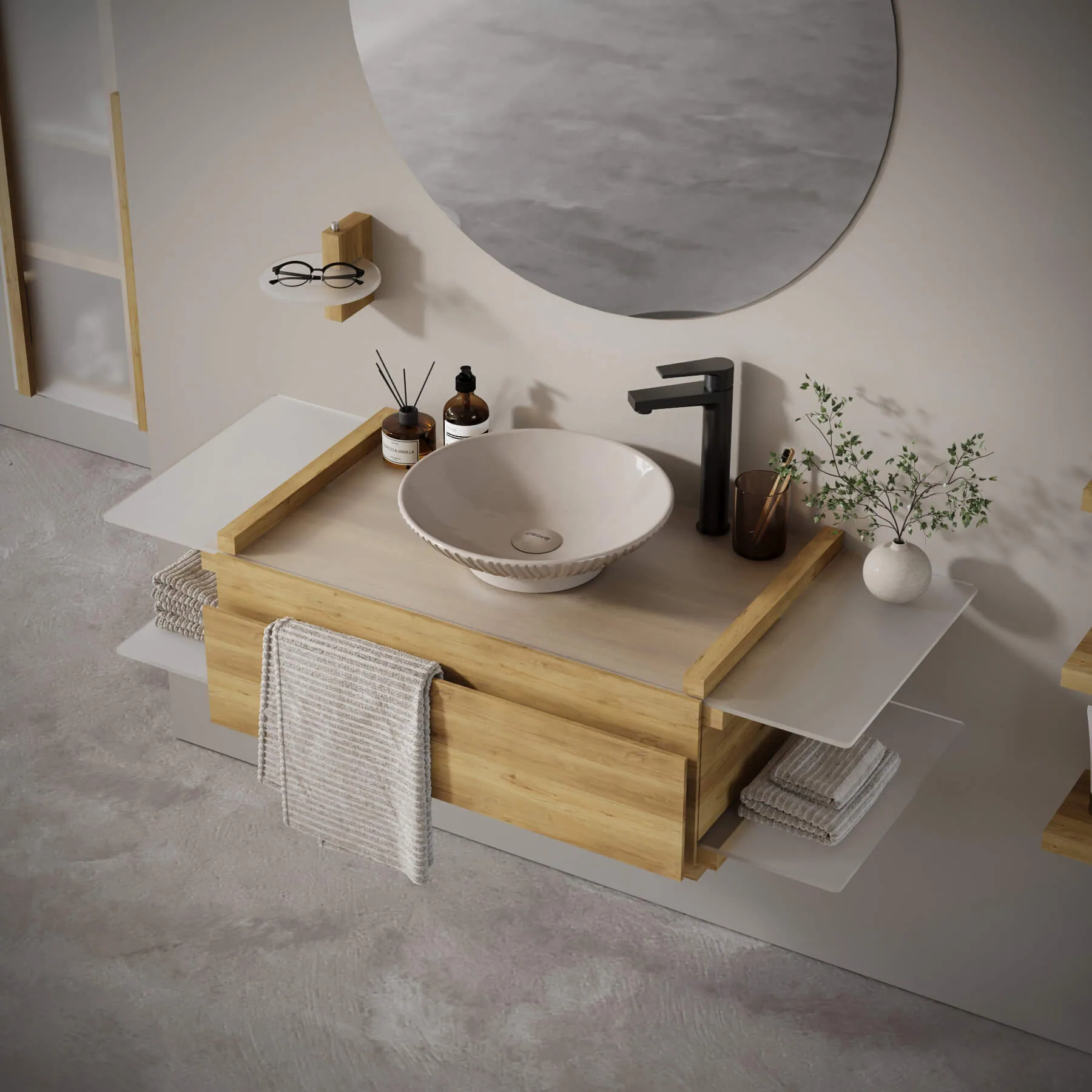 Detail of the Creavit Oniva oak washbasin unit with a bowl washbasin and grey faucet