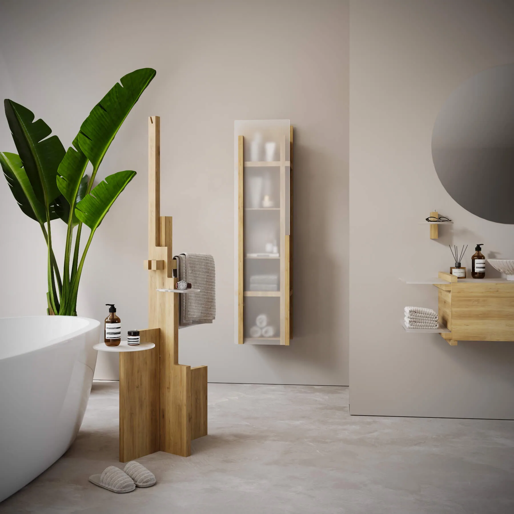 Creavit Oniva tall cabinet and towel stand beside a freestanding bath