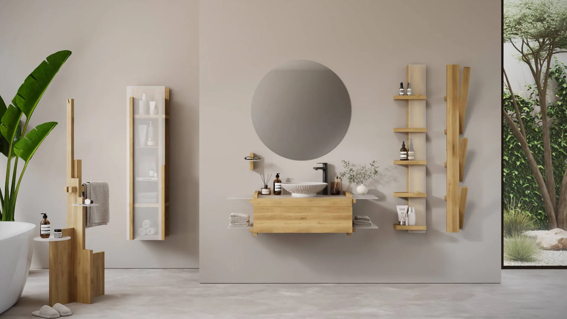 Creavit Oniva bathroom with oak washbasin unit, round mirror and freestanding towel stands