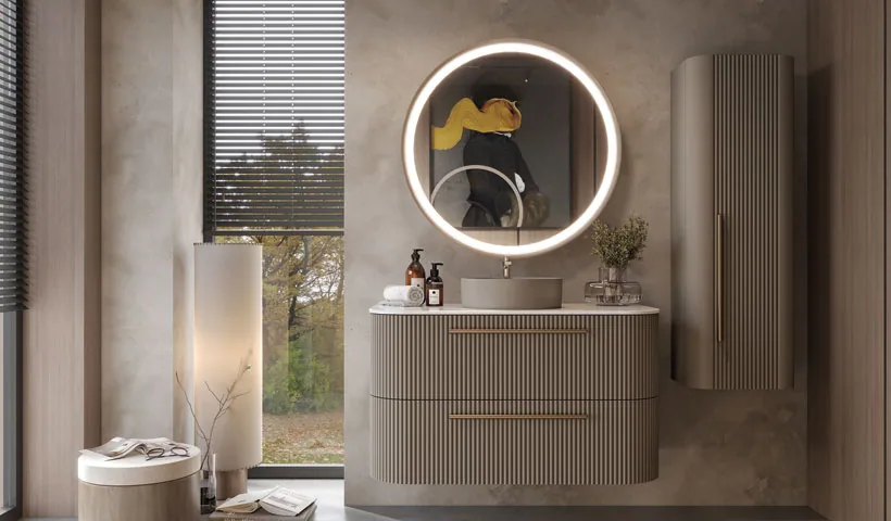 Creavit Rayas fluted washbasin module with round LED mirror