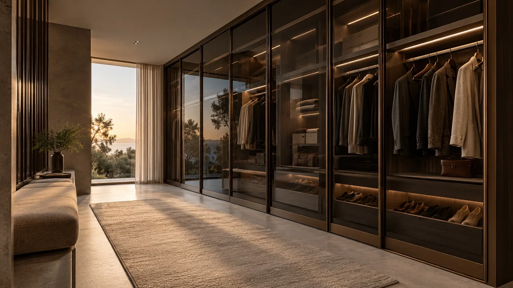 Bedroom wardrobe wall with smoked-glass doors and integrated lighting