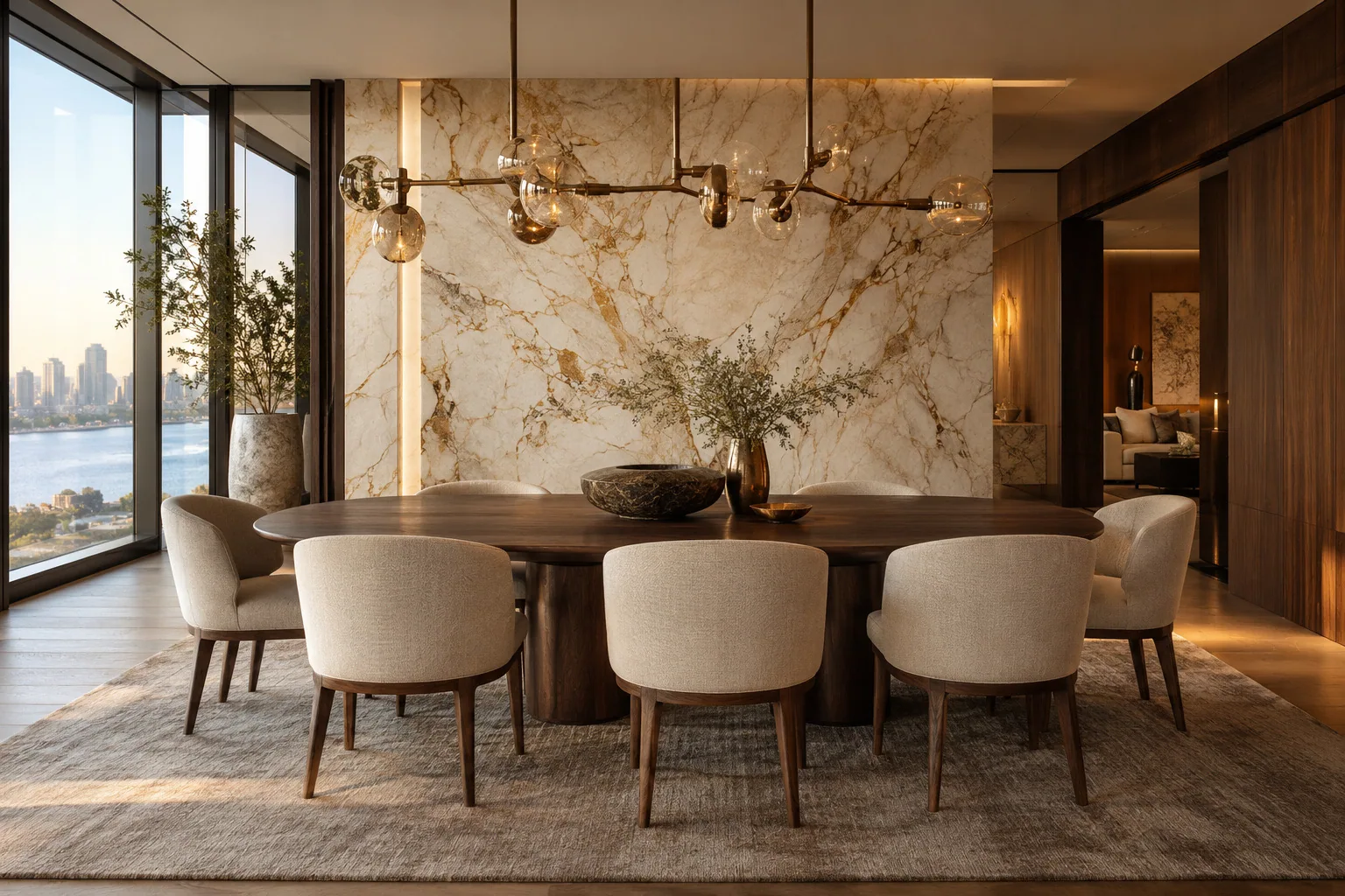 Dining room with a book-matched marble feature wall, walnut table and city views