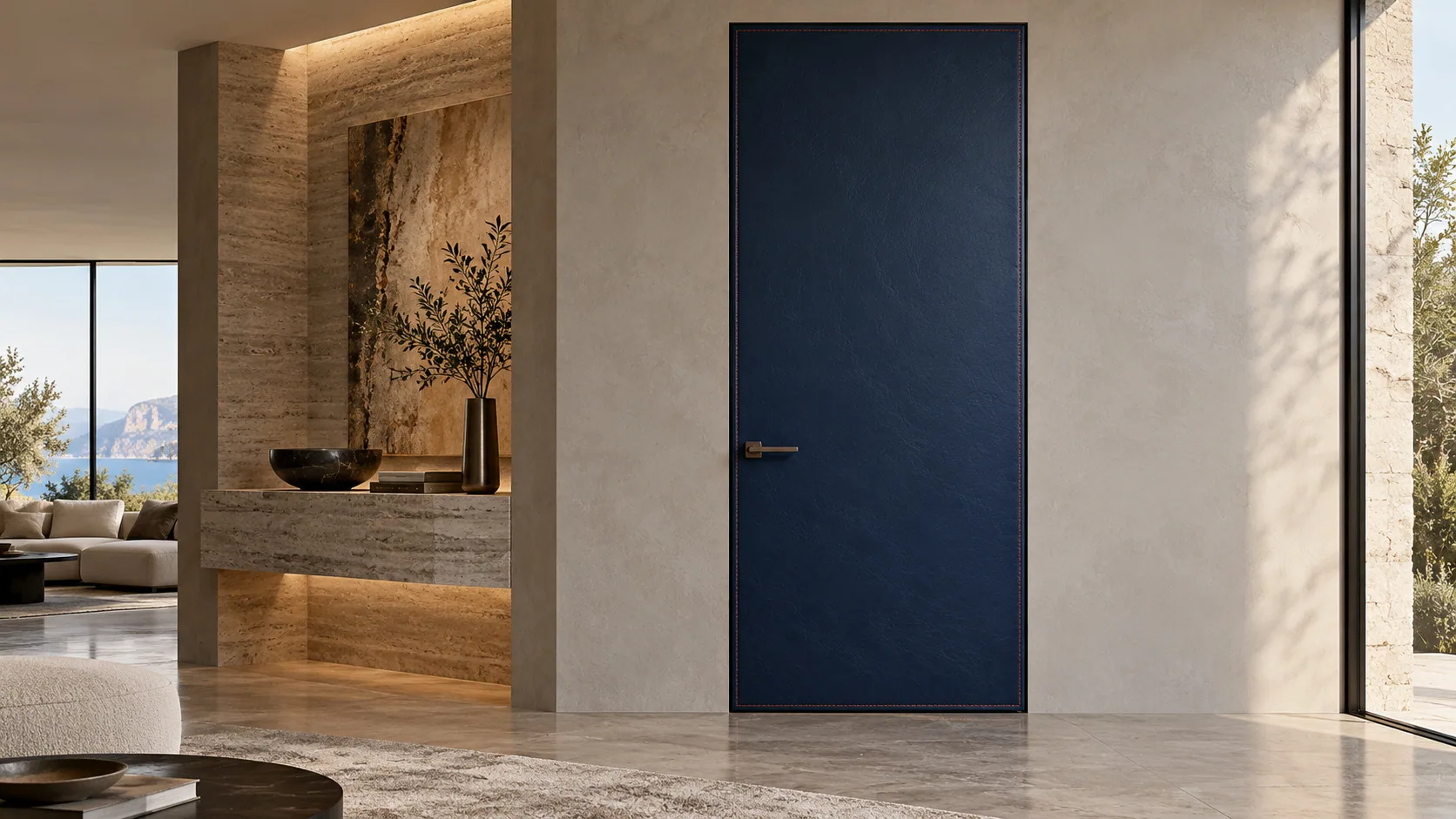 Frameless full-height interior door in deep blue set flush into a stone wall