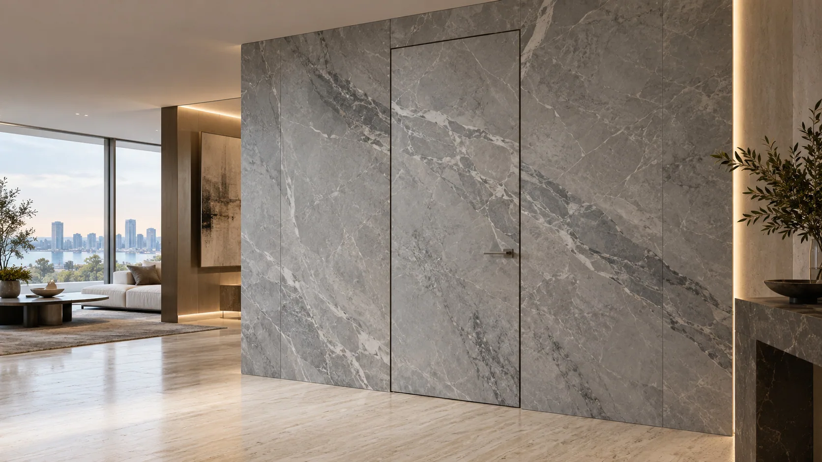 Concealed door clad in grey veined stone, flush with the wall