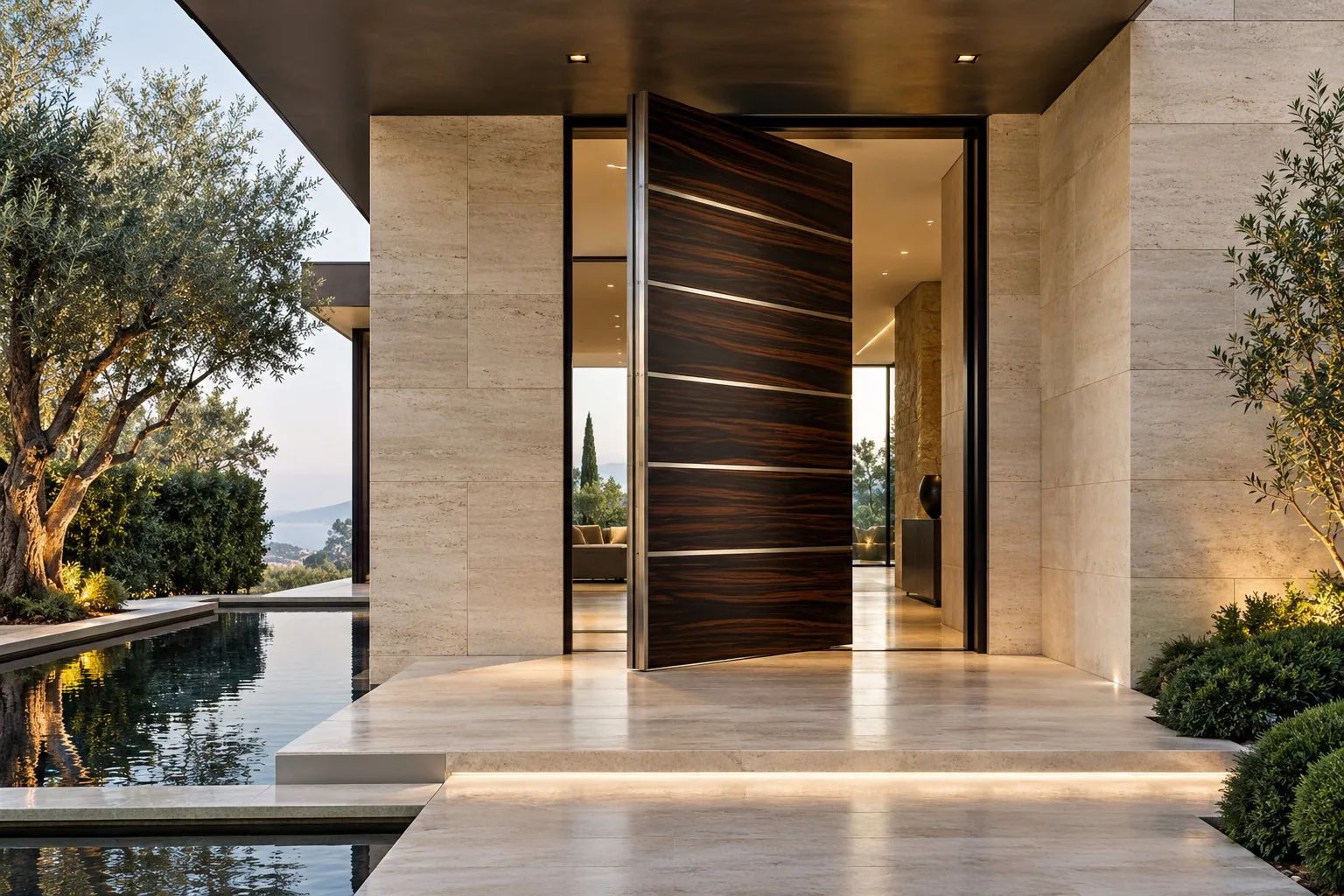 Villa entrance with an oversized pivot door opening onto a reflecting pool