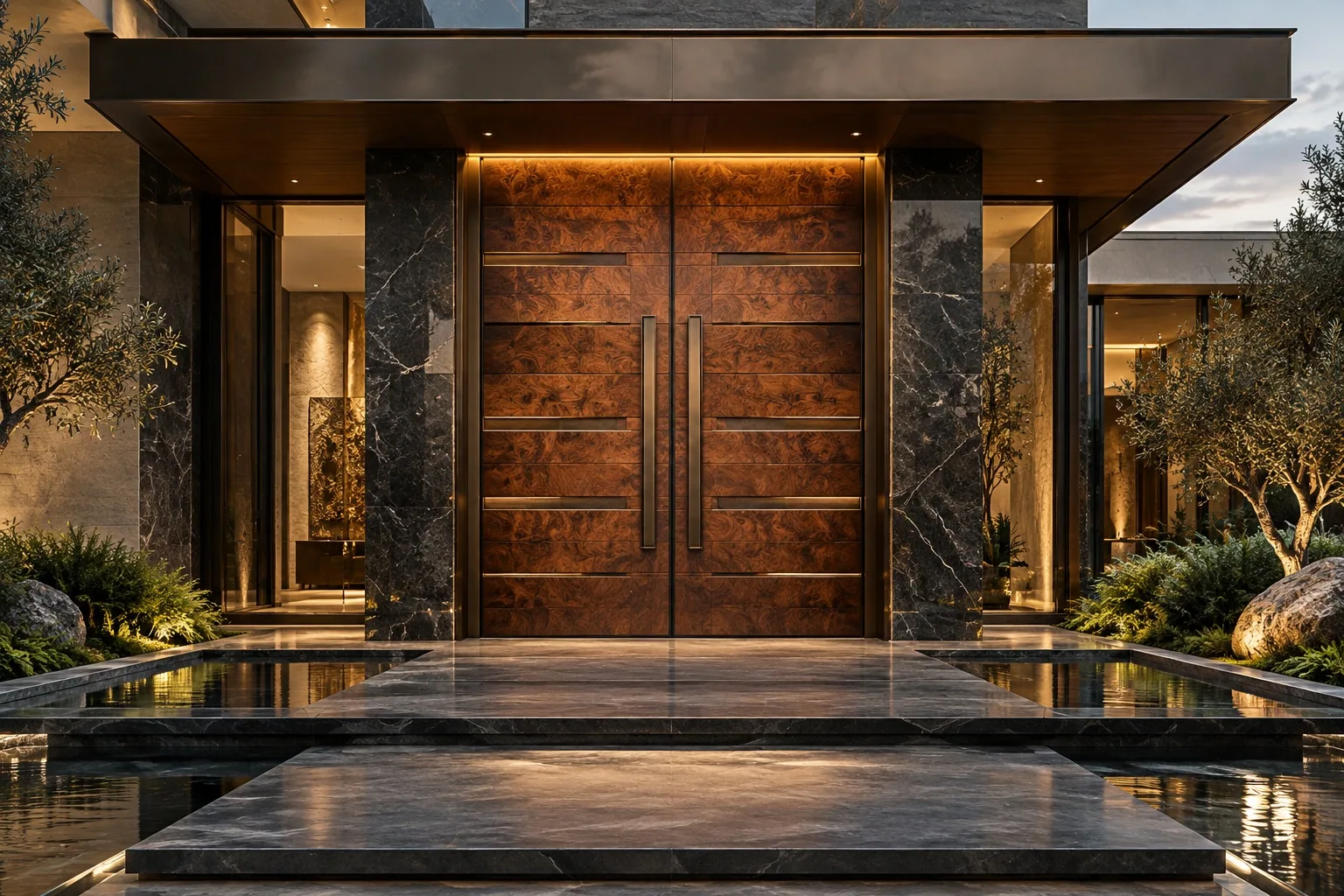 Monumental copper-toned double entrance doors framed in dark stone at dusk