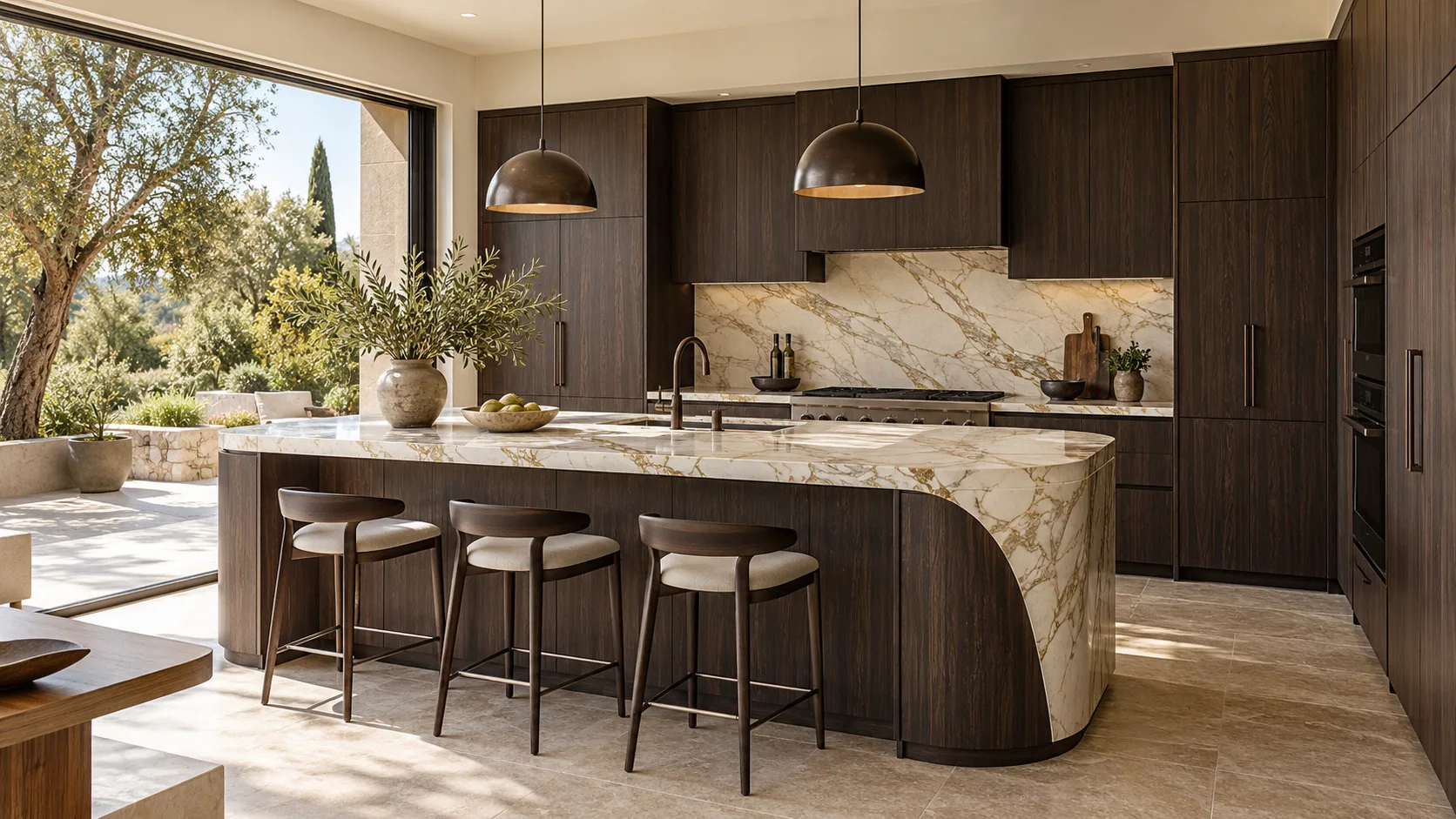 Dark walnut kitchen with a sculpted marble island and brass pendants