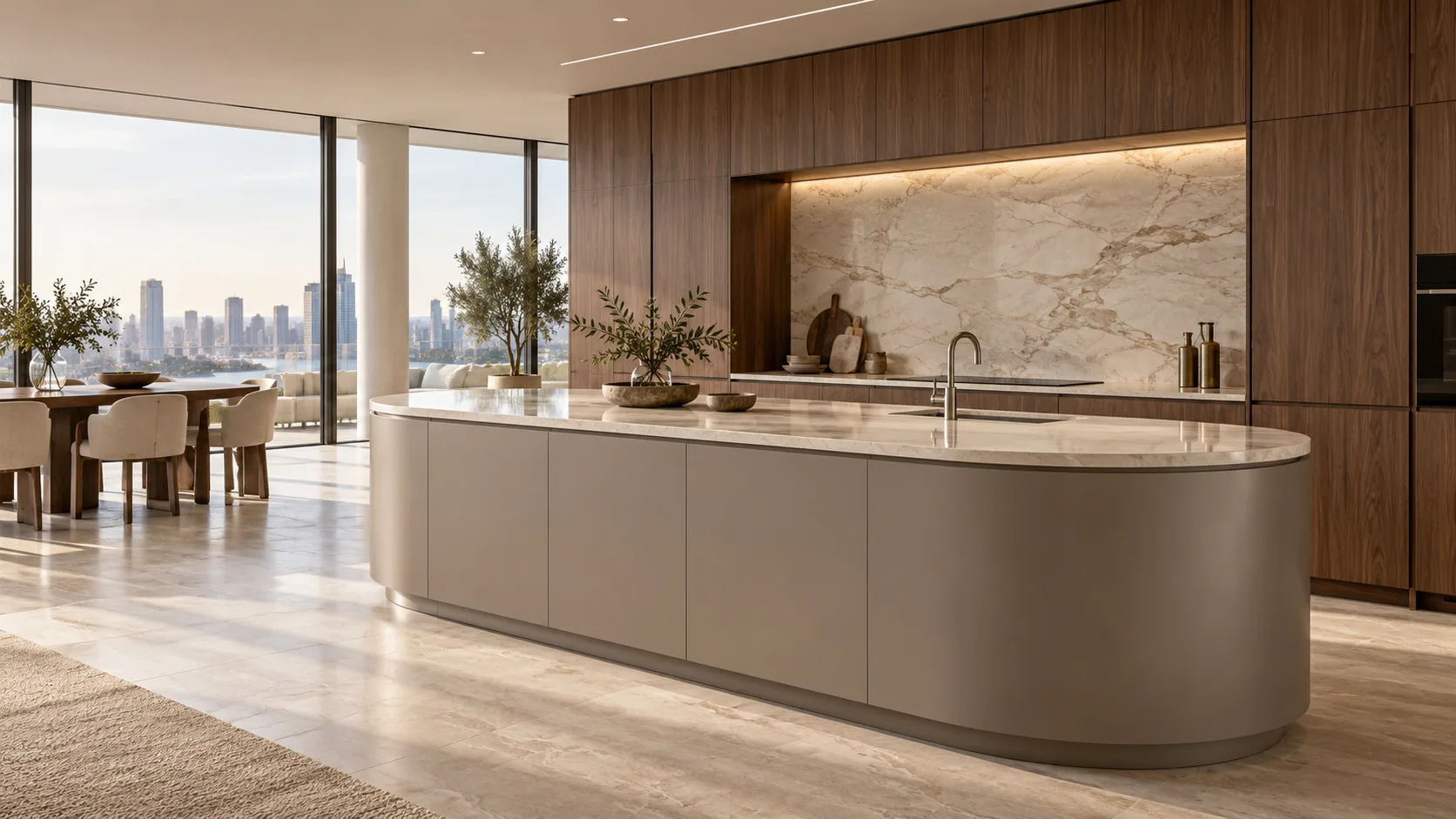 Kitchen with a curved island, walnut tall units and a marble backsplash
