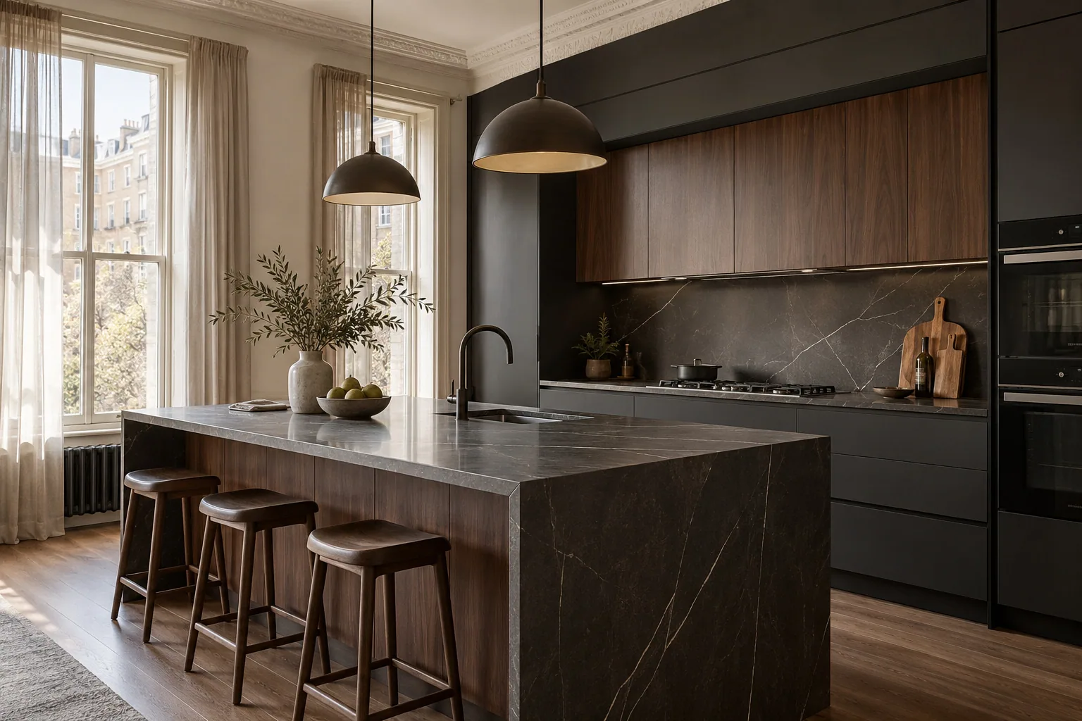 Kitchen in dark stone and smoked oak with tall sash windows