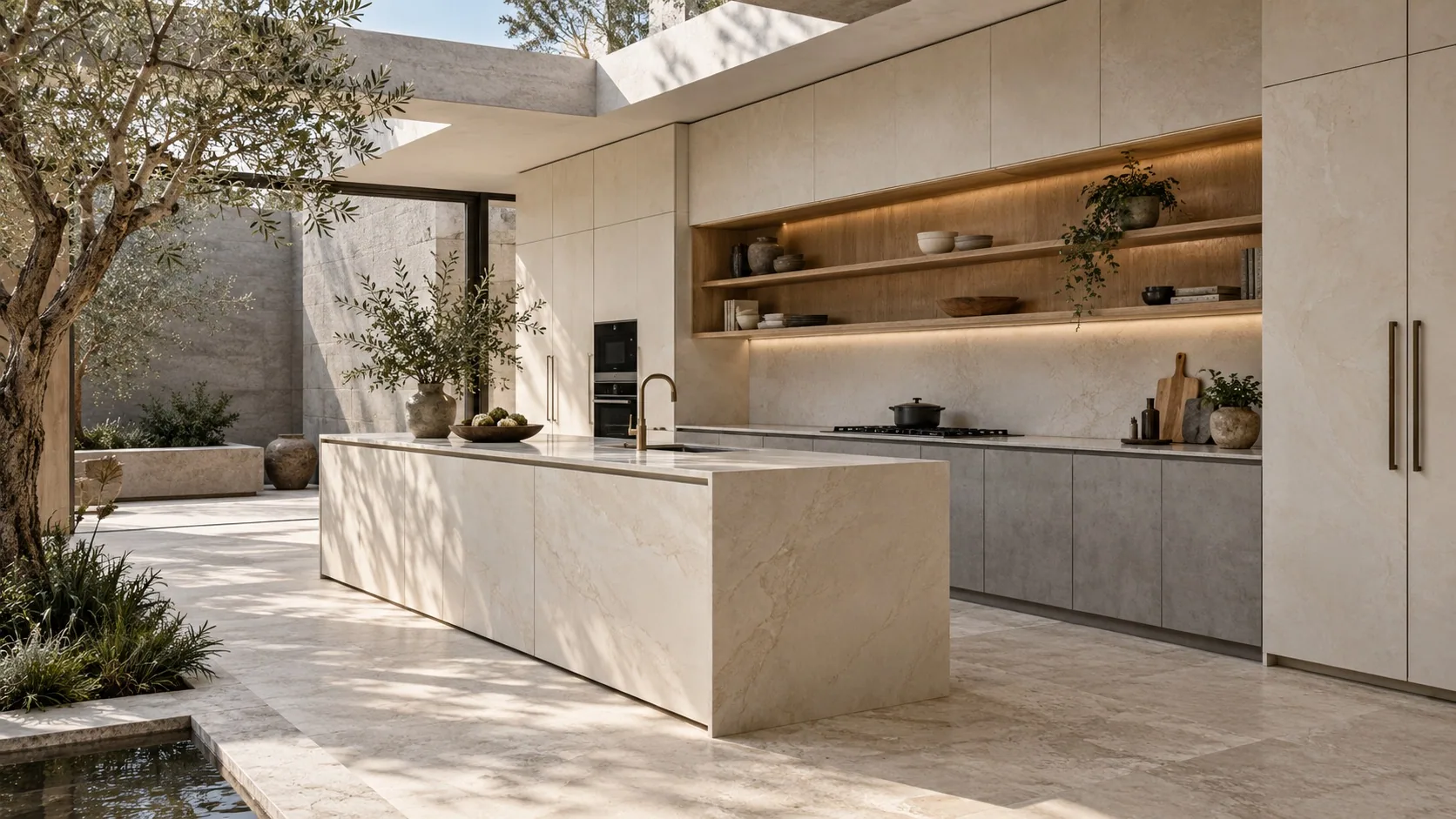 Courtyard kitchen with an ivory island under a skylight