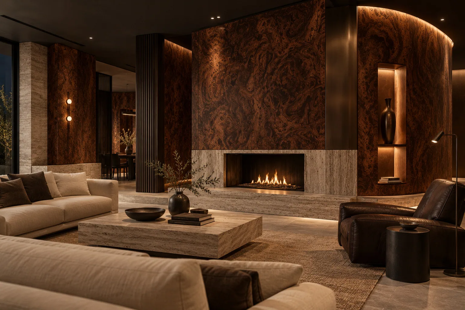 Evening living room with burl-wood wall panelling, travertine fireplace and low ivory sofas