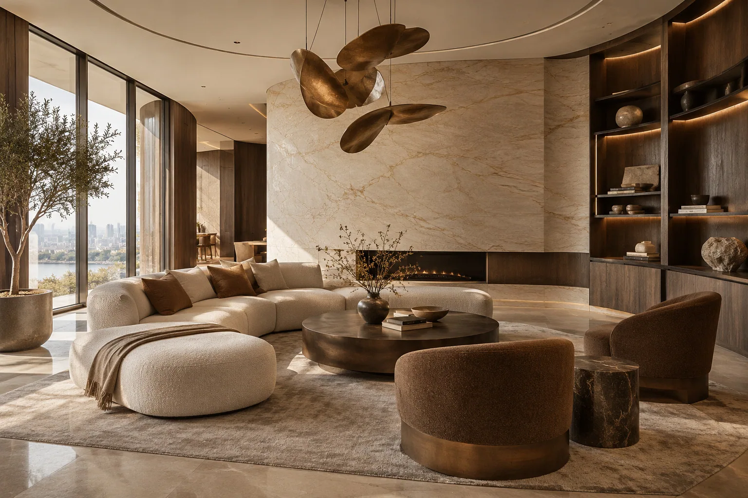 Double-height living room with a curved Calacatta-style stone wall, walnut joinery and sculptural bronze pendant