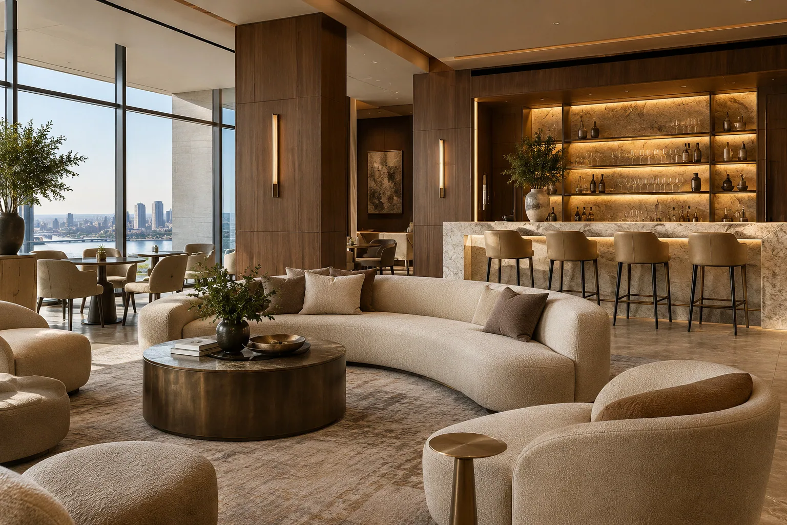 Lounge with curved ivory seating, walnut columns and a backlit stone bar