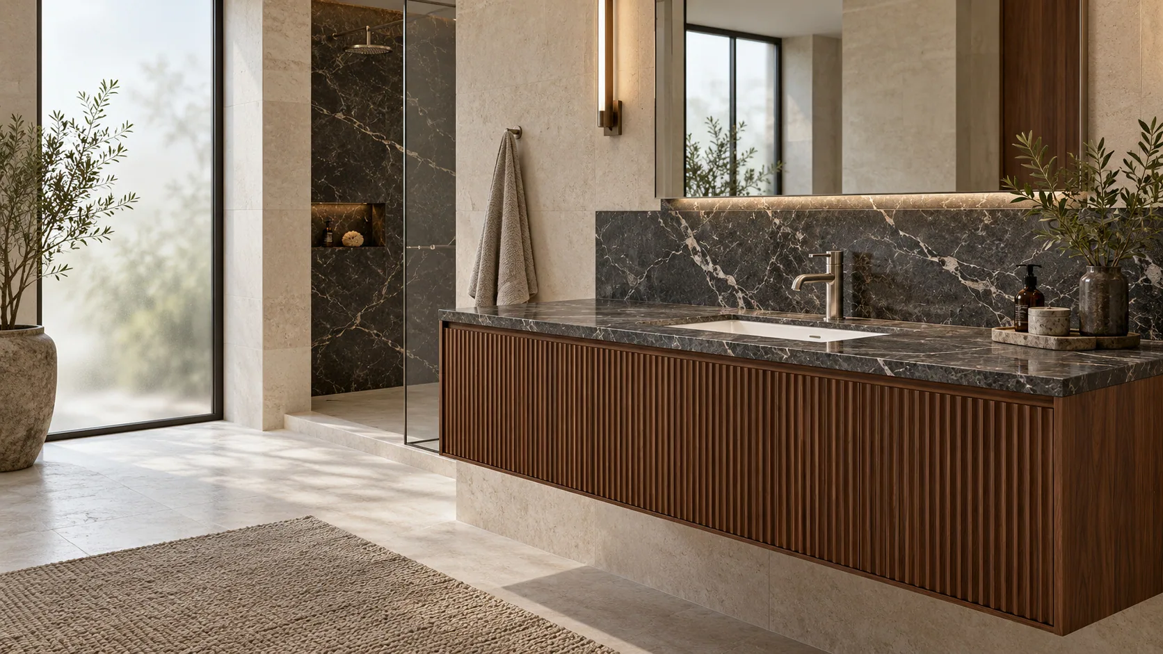 Fluted walnut vanity with a dark stone top