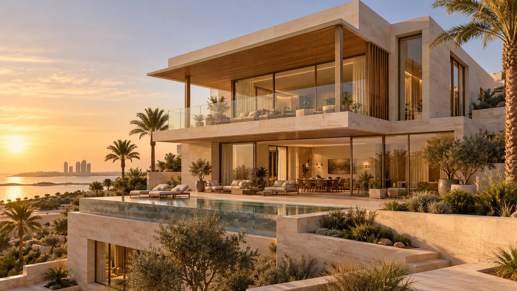 Contemporary limestone villa with large glazed openings and terraces