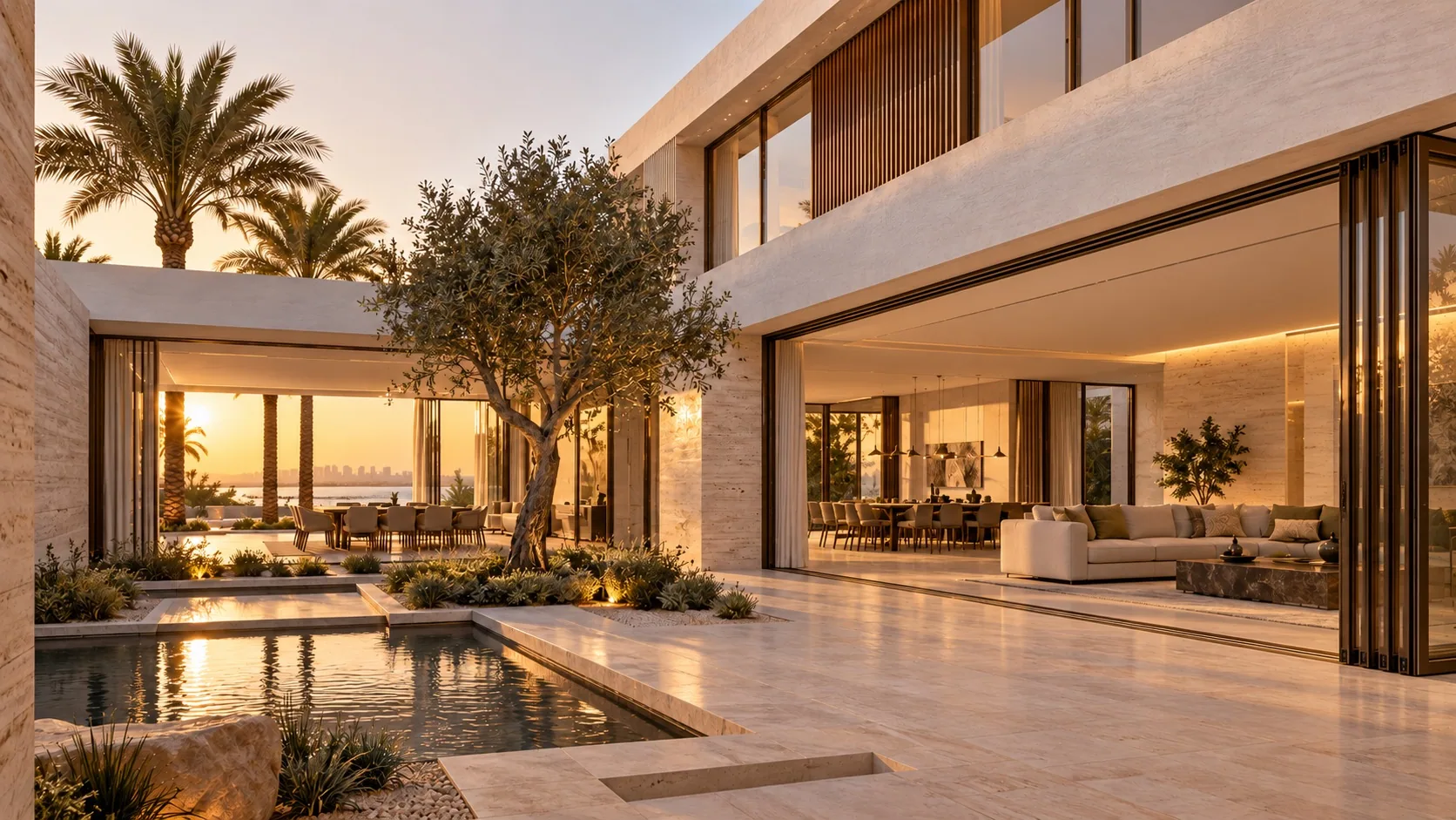 Villa with full-height sliding glass walls opening to a courtyard pool at sunset