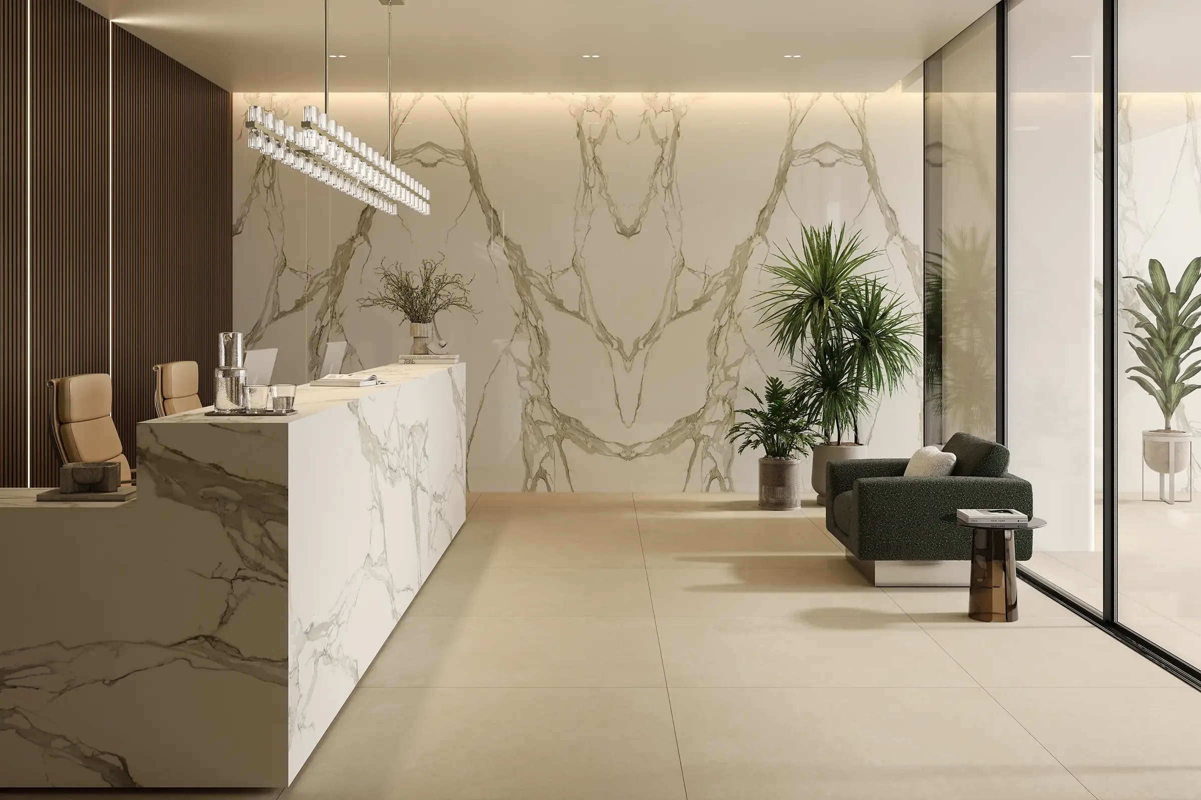 Reception area with NG Kütahya Calacatta Gold slabs on wall and desk