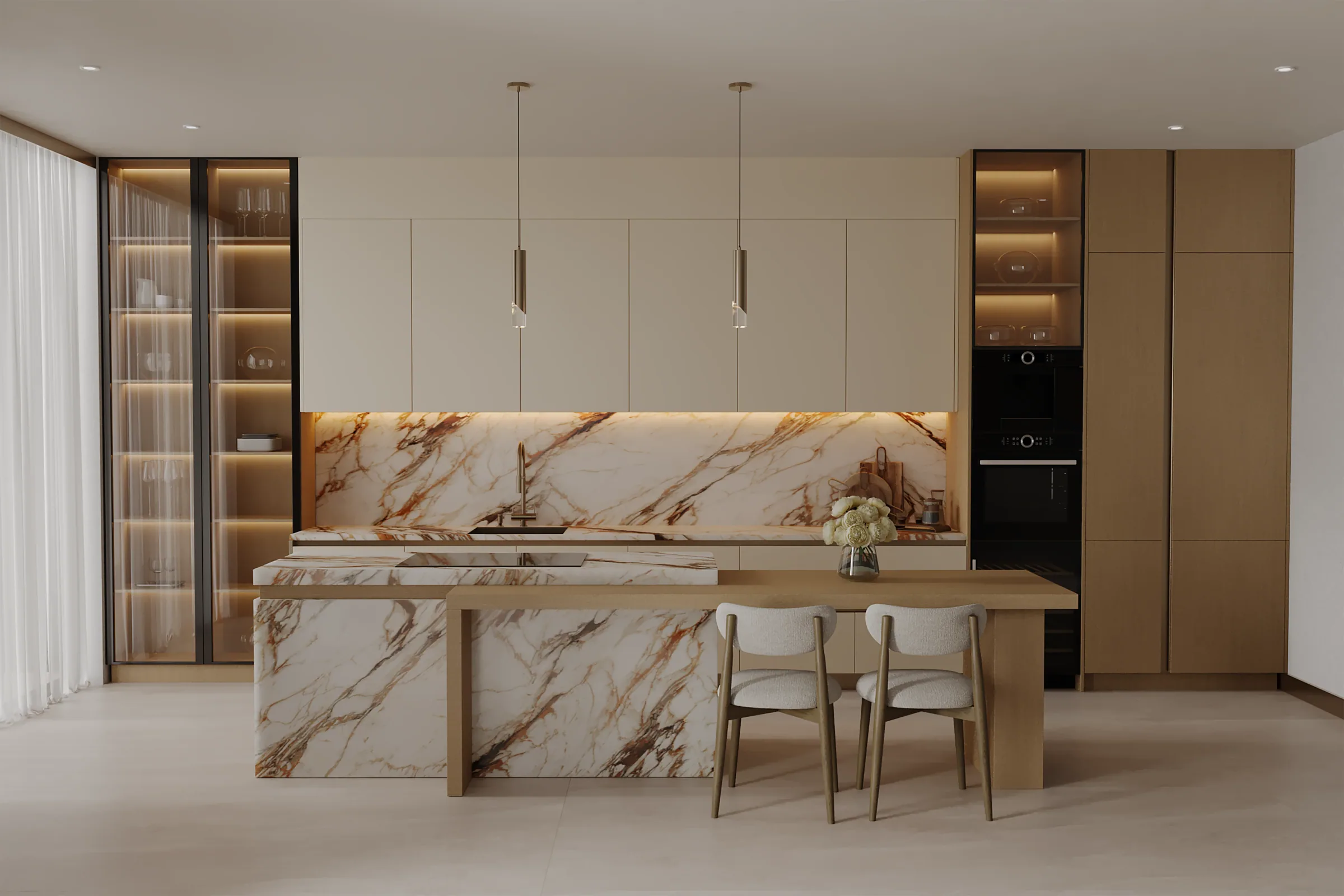 Kitchen with an NG Kütahya Dior Marble island and backsplash