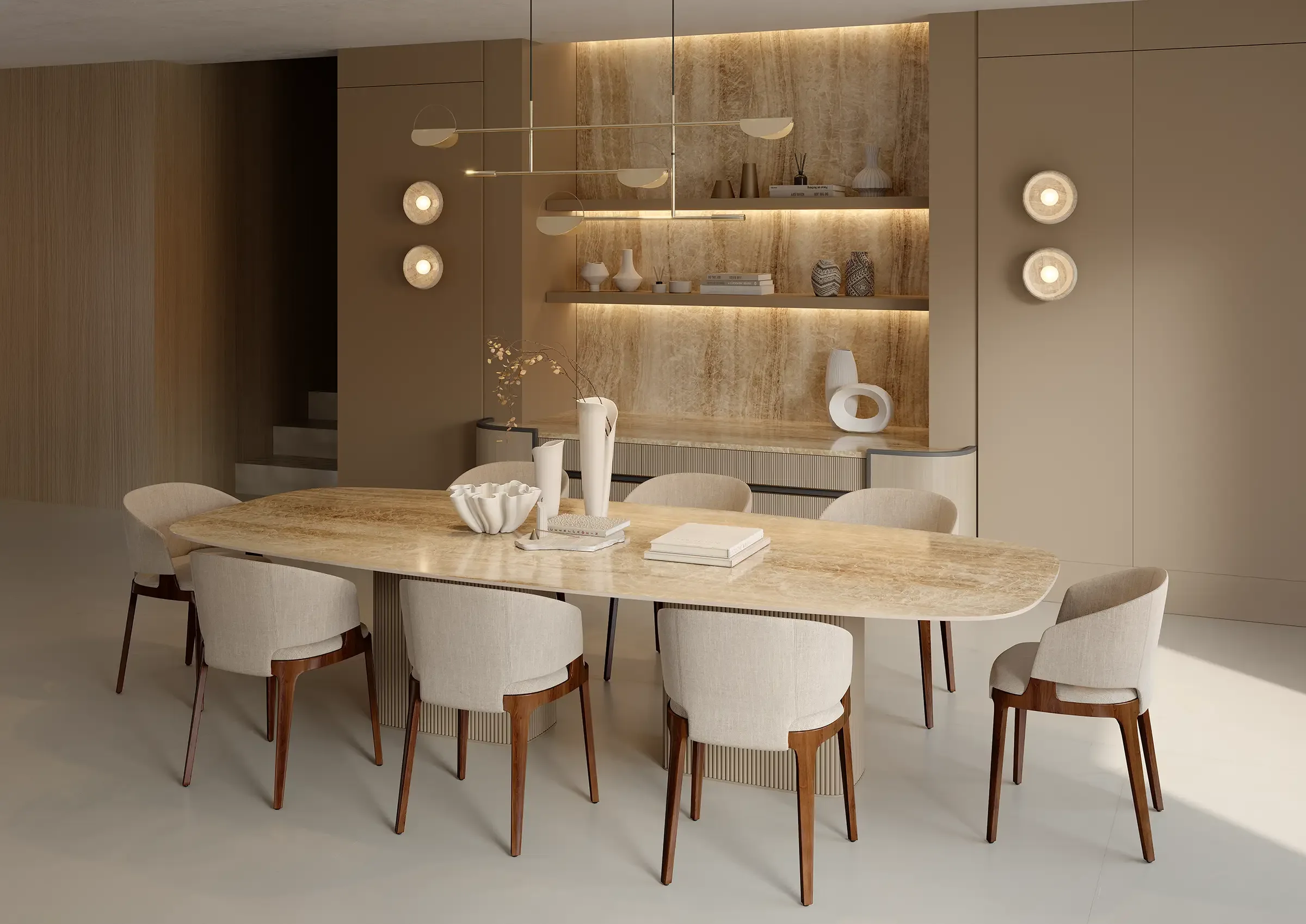 Dining room clad in NG Kütahya Honey Onyx large-format porcelain