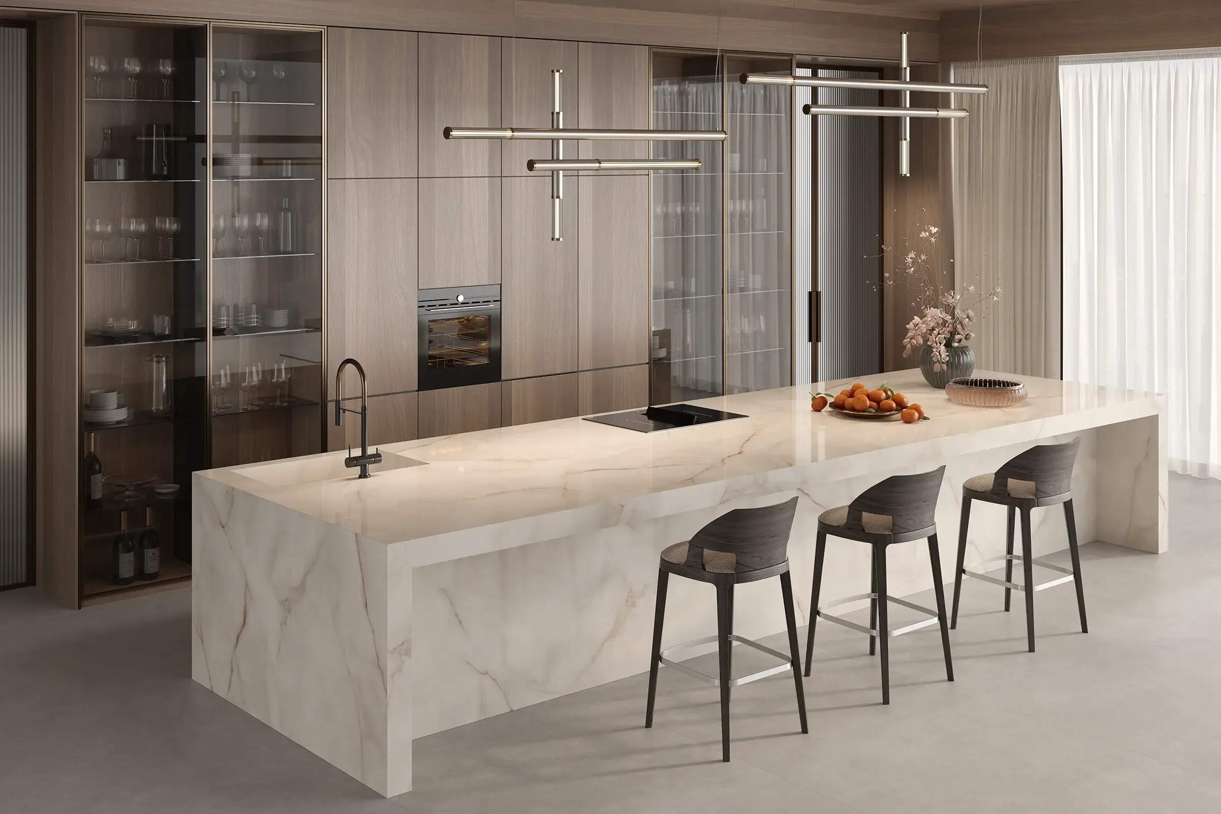 Kitchen with a waterfall island in NG Kütahya Lia Onyx