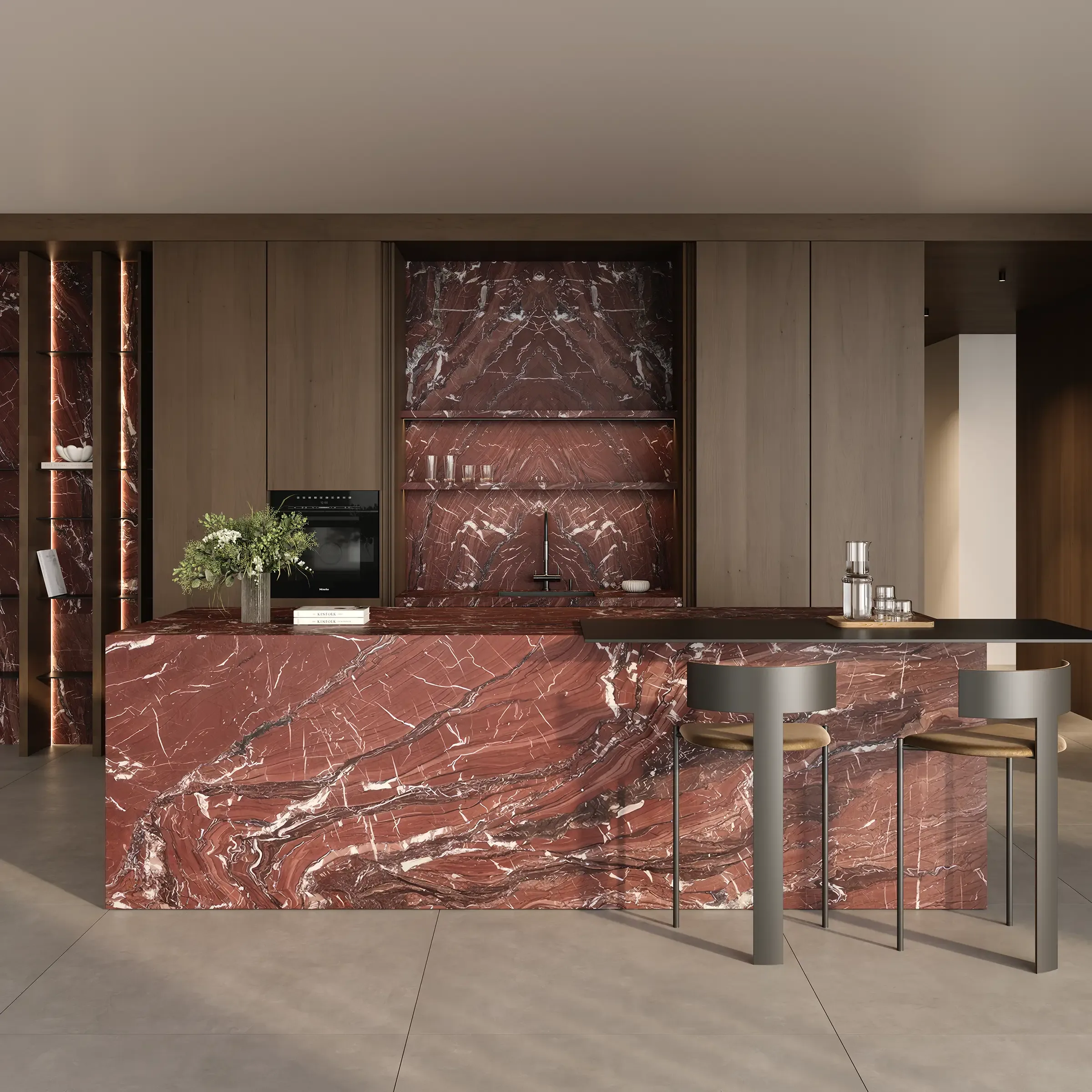 Kitchen island and wall in NG Kütahya Rosso Cardinale bookmatched porcelain