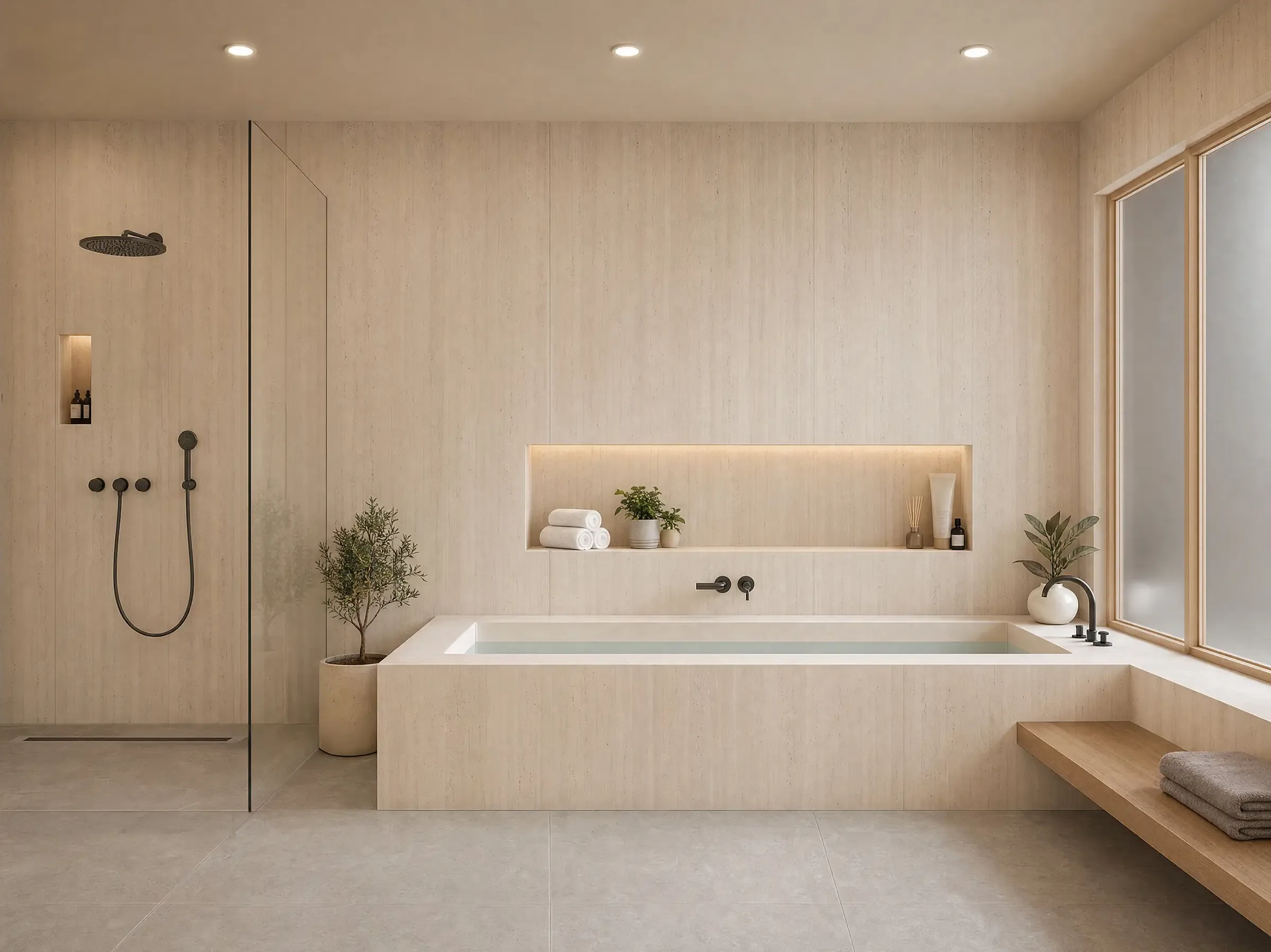 Bathroom finished in NG Kütahya Travertine Ivory porcelain with a recessed bath